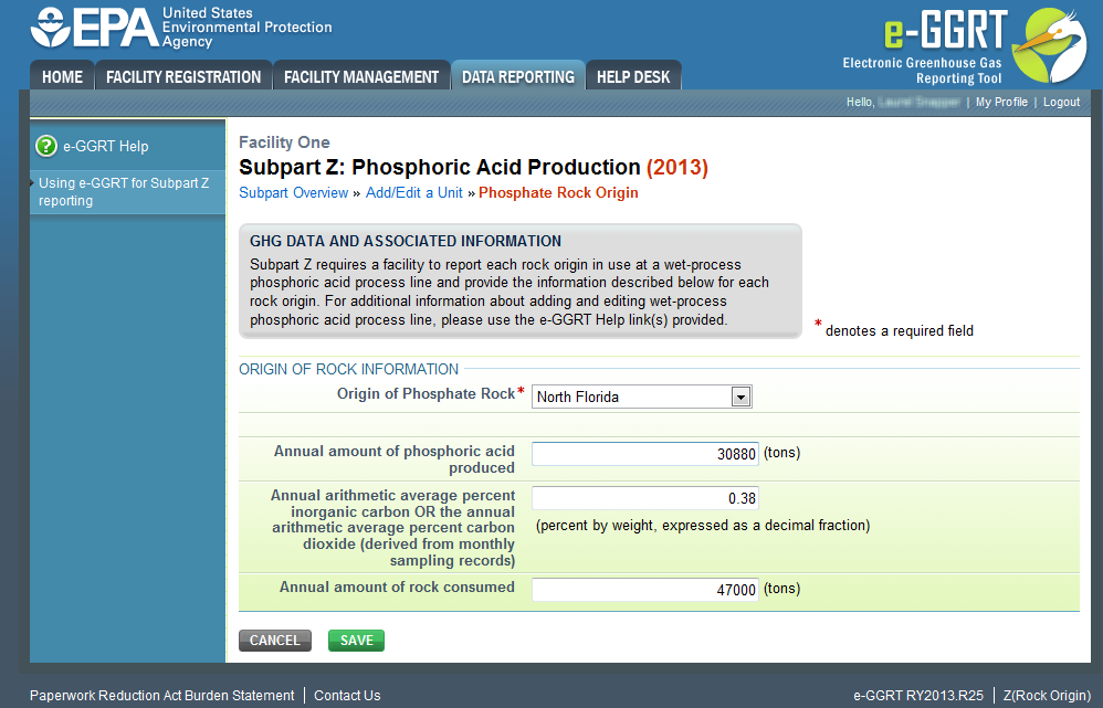 Subpart Z: Step 4 - Enter Phosphate Rock Origin